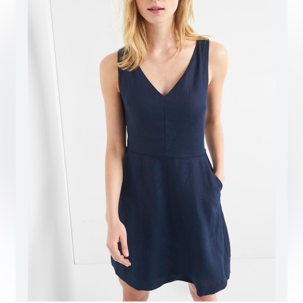 LINEN Fit and Flare V-Neck Navy Dress Size 4